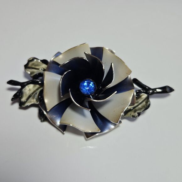 Coro Jewelry - Coro Classic Grey Rose Blue Rhinestone Vintage Pin Brooch